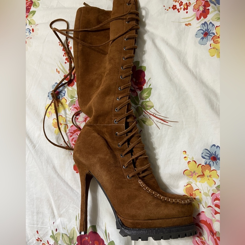 Charles Jourdan Womens sz.7.5 High Heel Knee Height Leather Suede Lace-up Boots
